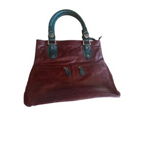 Maroon & Teal Leather Bag Dual Zippered Pockets & Patterned Textile Lining